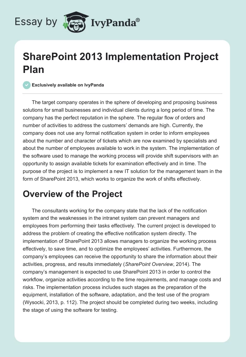 SharePoint 2013 Implementation Project Plan. Page 1