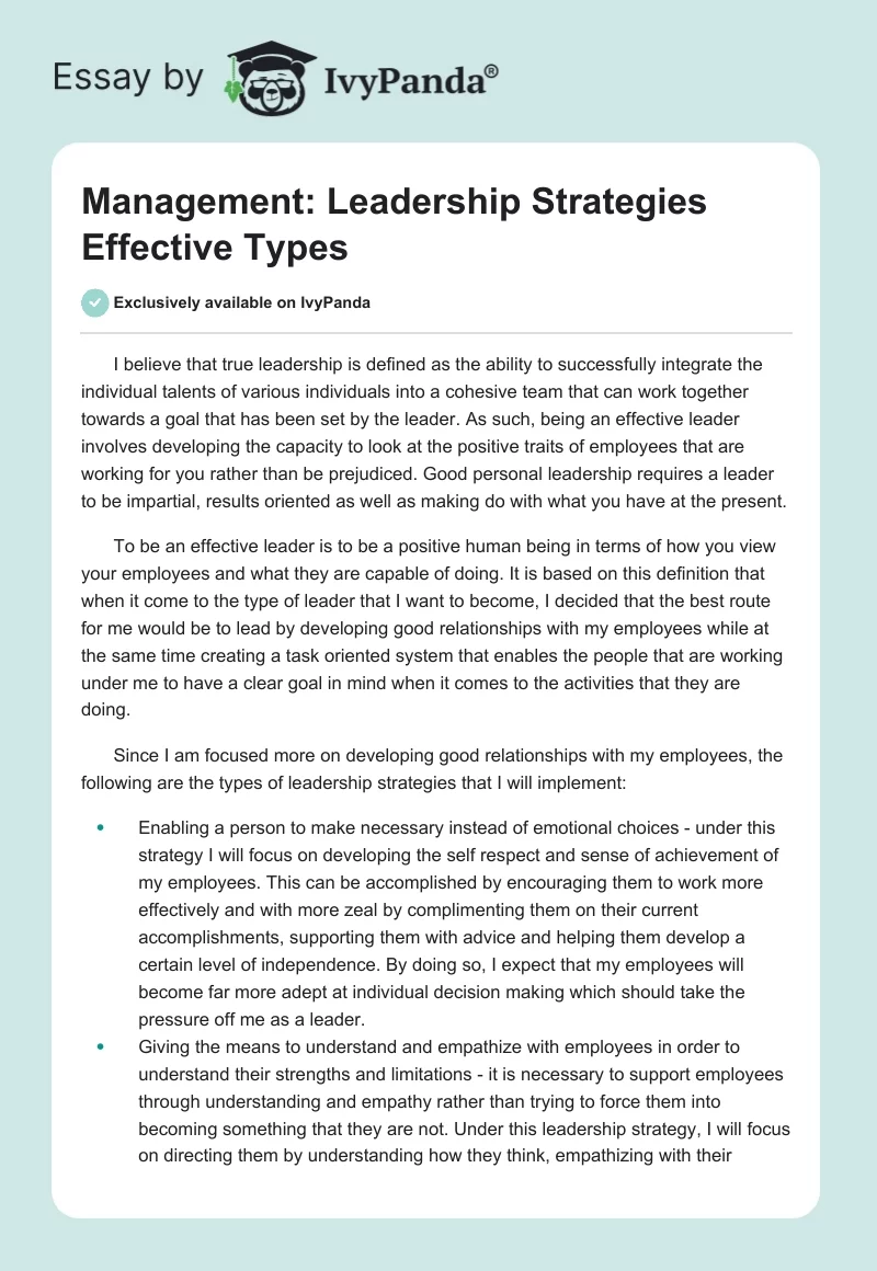 Management: Leadership Strategies Effective Types. Page 1