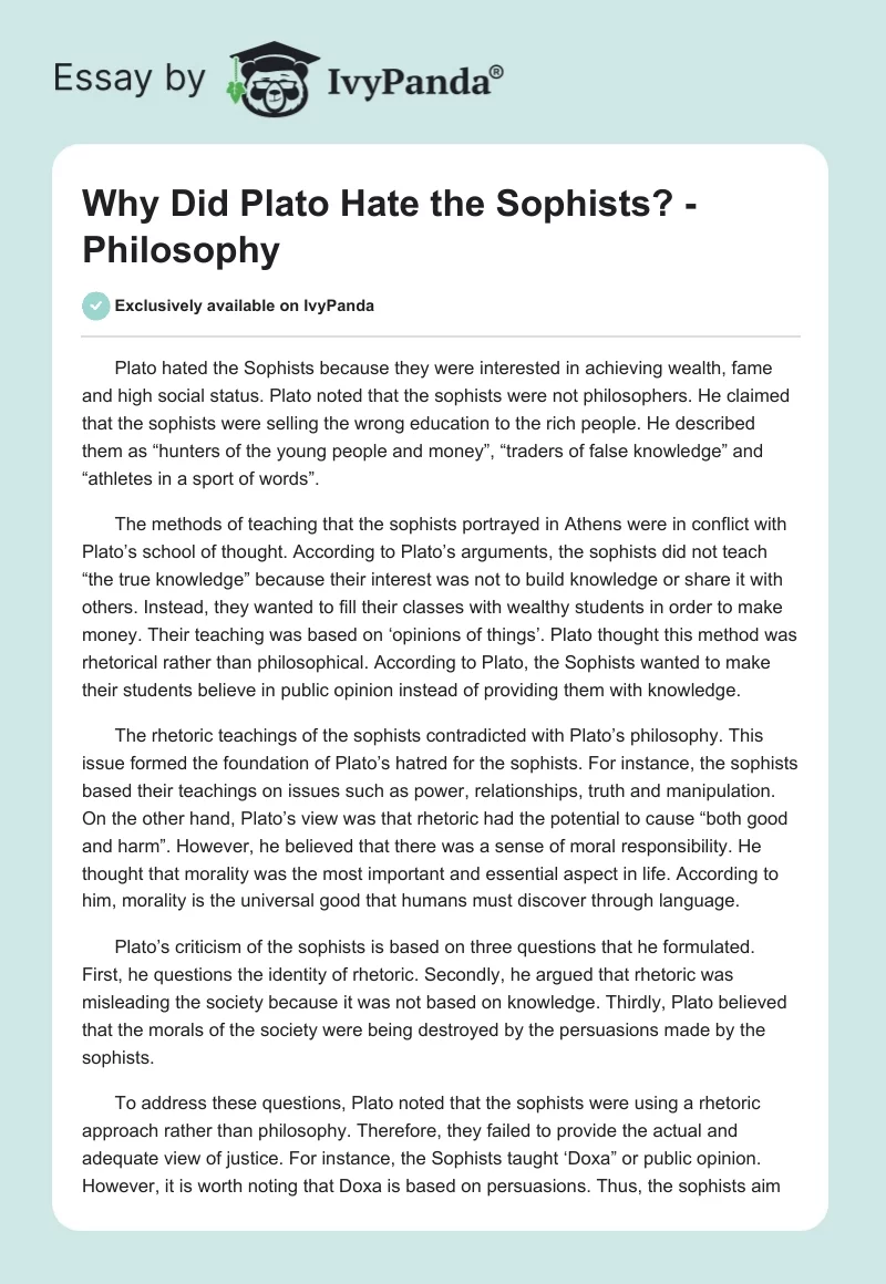 Why Did Plato Hate the Sophists? - Philosophy. Page 1