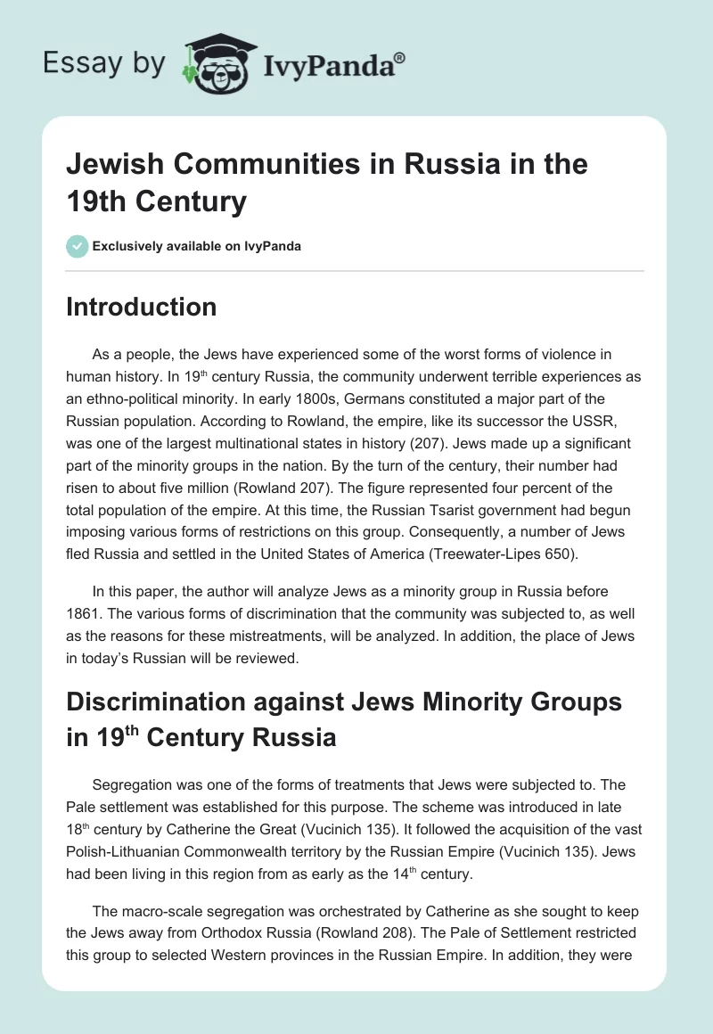 Jewish Communities in Russia in the 19th Century. Page 1