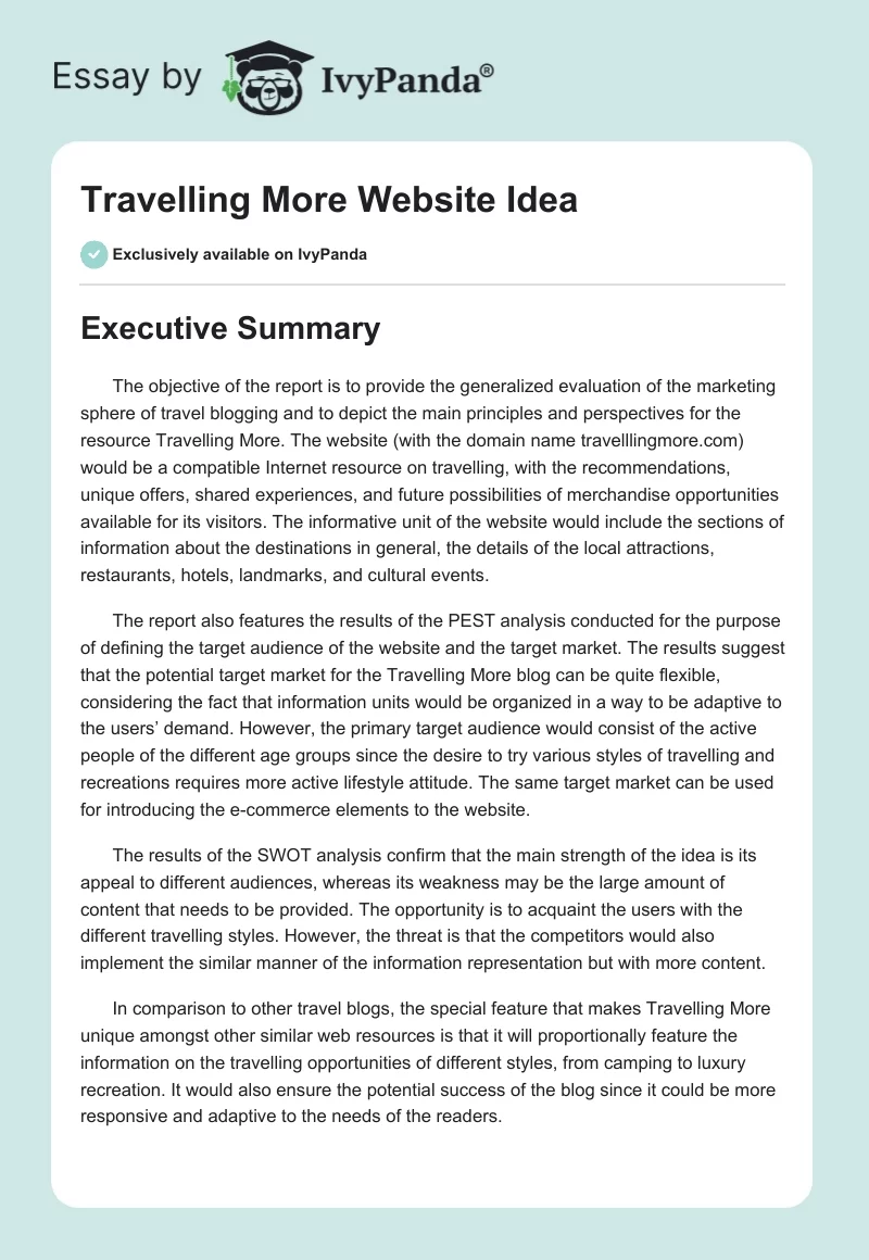 "Travelling More" Website Idea. Page 1