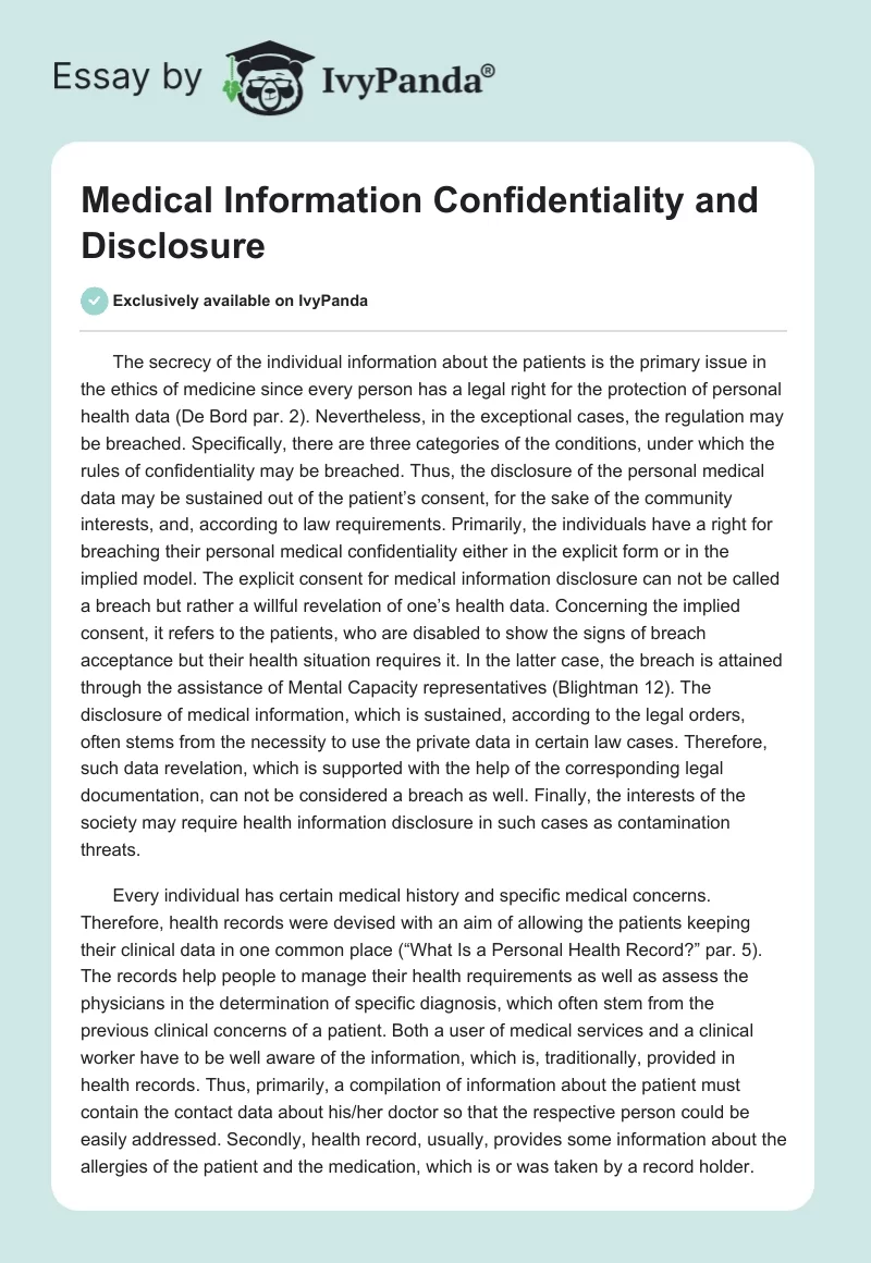 Medical Information Confidentiality and Disclosure. Page 1
