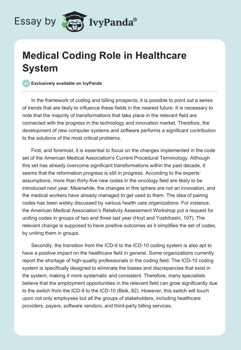 Medical Coding Role in Healthcare System. Page 1