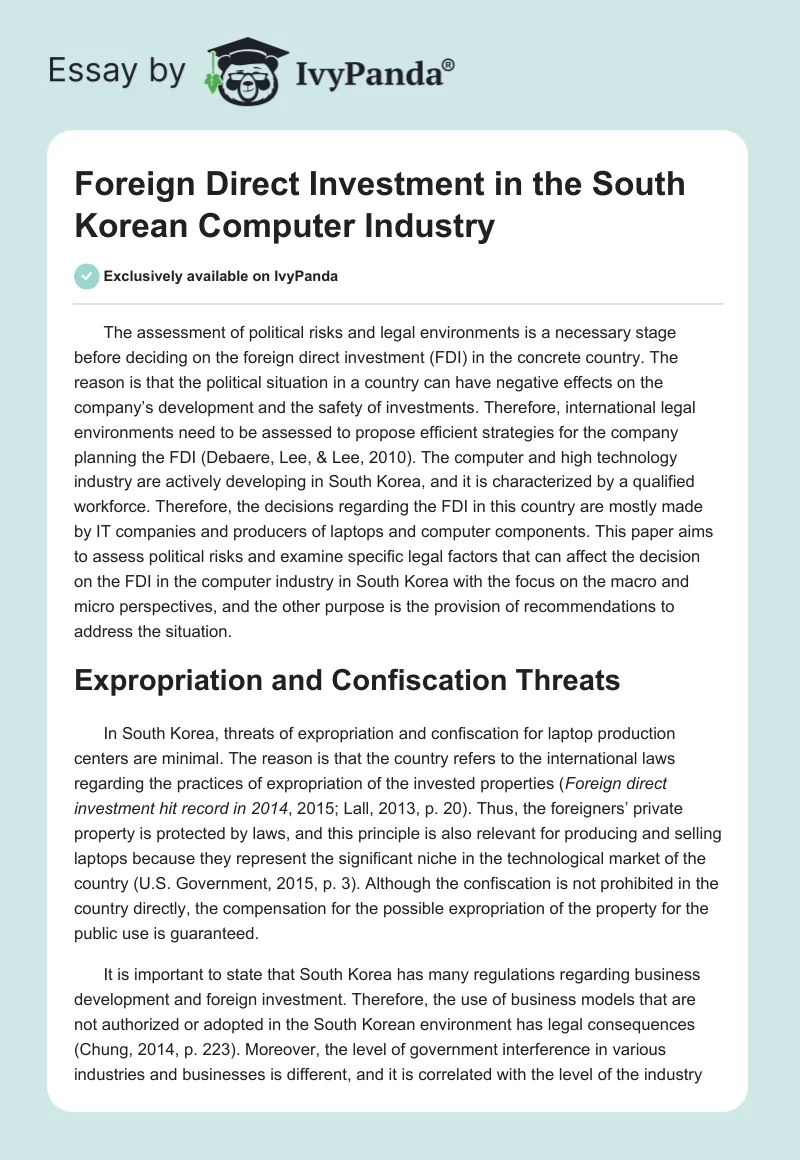 Foreign Direct Investment in the South Korean Computer Industry. Page 1