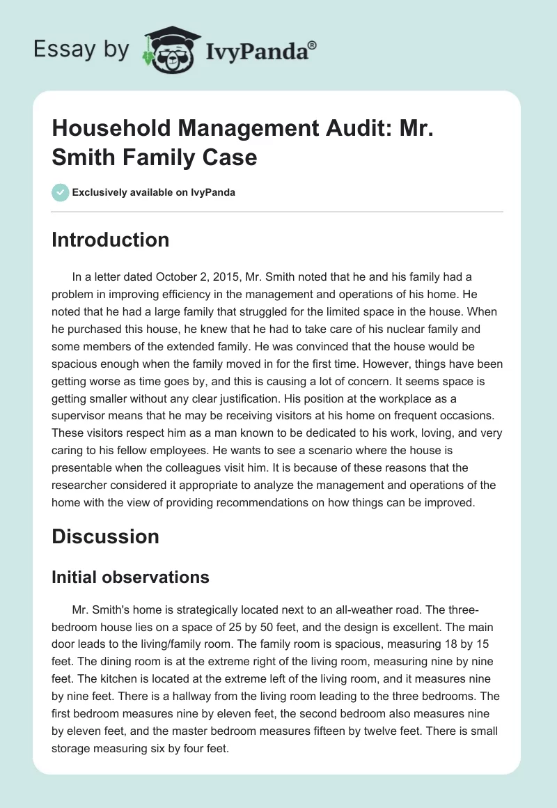 Household Management Audit: Mr. Smith Family Case. Page 1