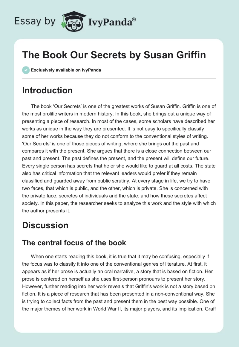 The Book "Our Secrets" by Susan Griffin. Page 1