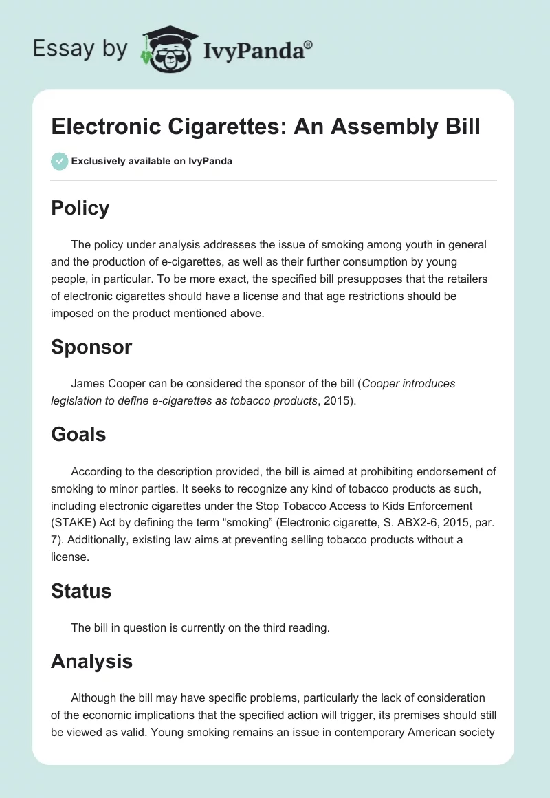 Electronic Cigarettes: An Assembly Bill. Page 1