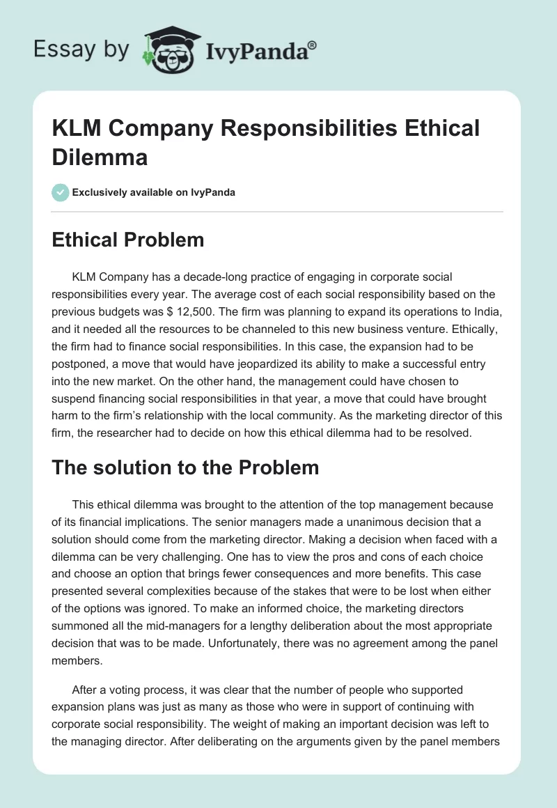 KLM Company Responsibilities Ethical Dilemma. Page 1