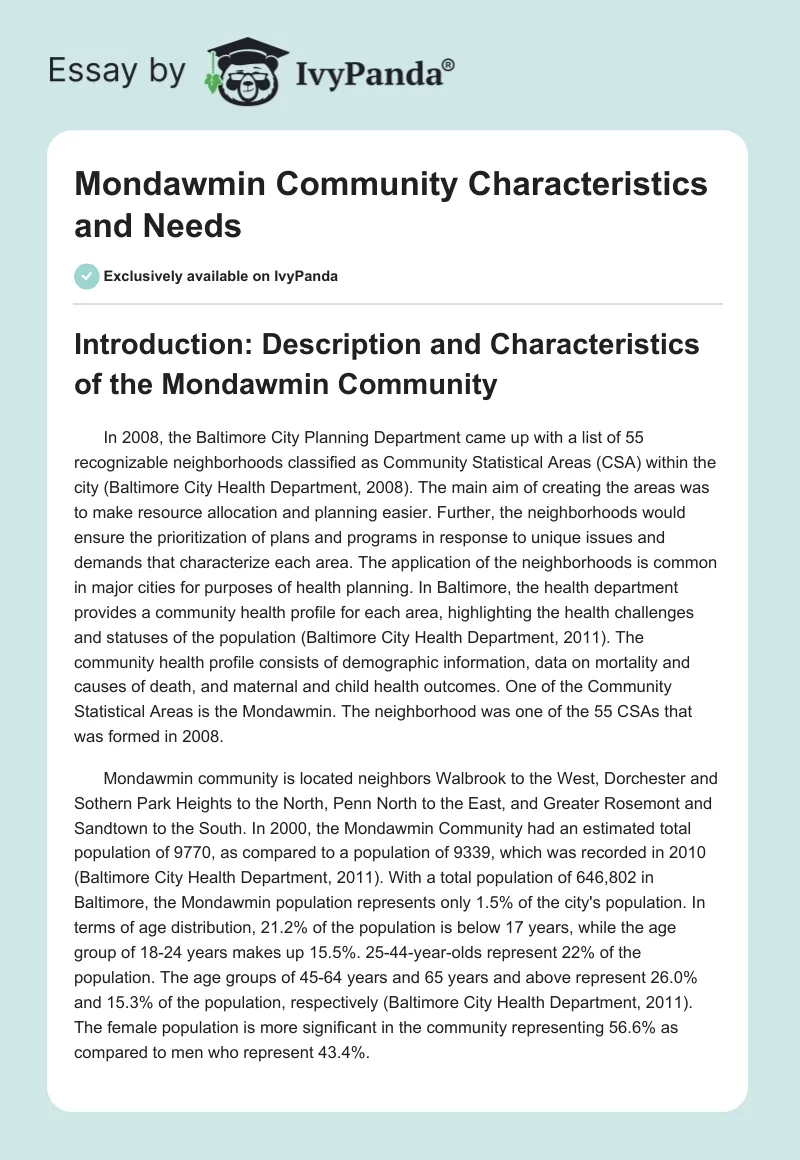 Mondawmin Community Characteristics and Needs. Page 1