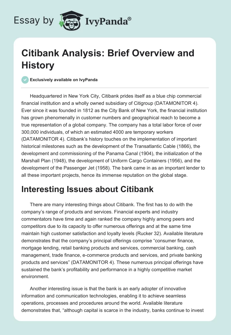 Citibank Analysis: Brief Overview and History. Page 1