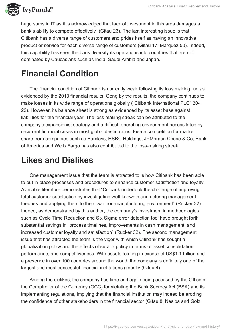 Citibank Analysis: Brief Overview and History. Page 2