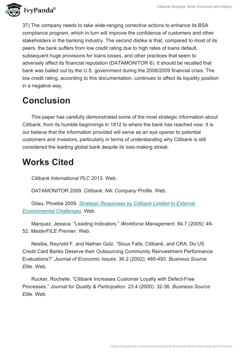 Citibank Analysis: Brief Overview and History. Page 3