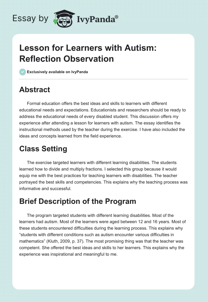 Lesson for Learners With Autism: Reflection Observation. Page 1