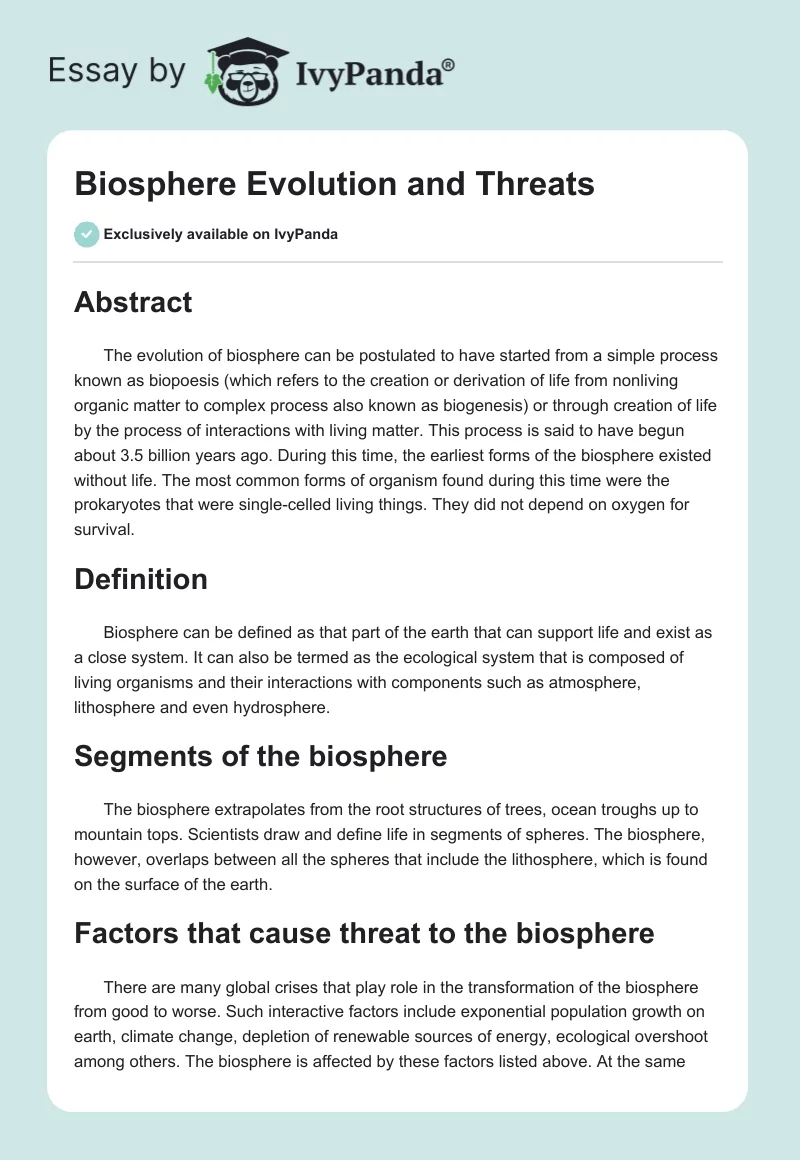 Biosphere Evolution and Threats. Page 1