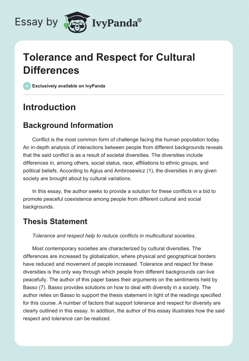 Tolerance and Respect for Cultural Differences. Page 1