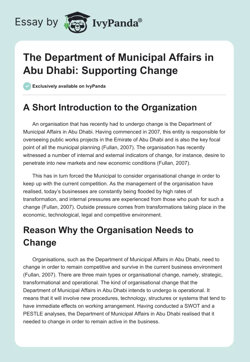 The Department of Municipal Affairs in Abu Dhabi: Supporting Change. Page 1