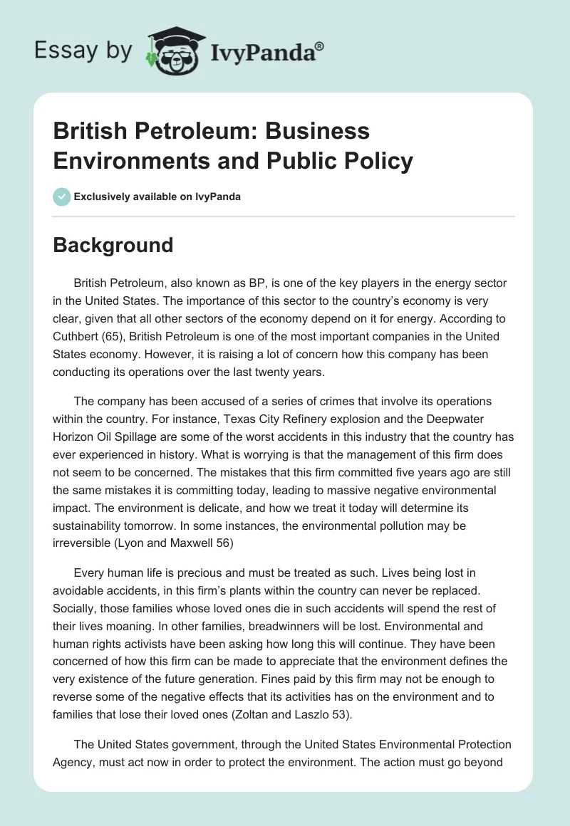 British Petroleum: Business Environments and Public Policy. Page 1