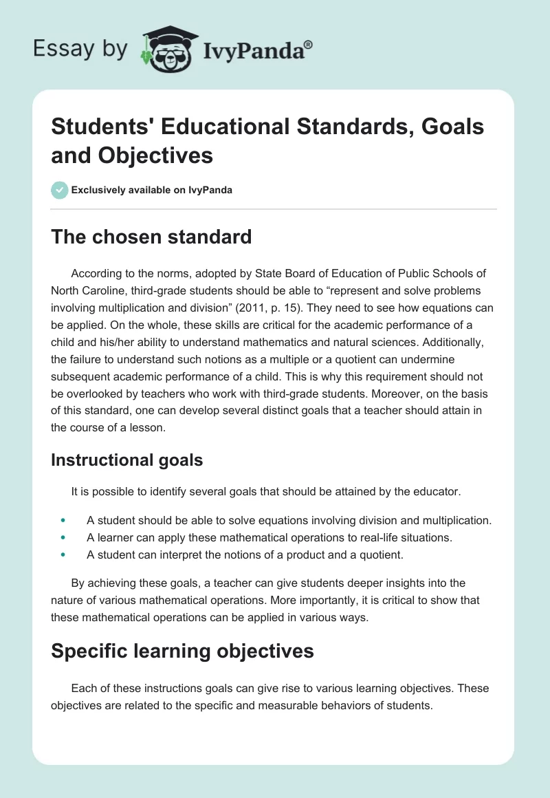 Students' Educational Standards, Goals and Objectives. Page 1