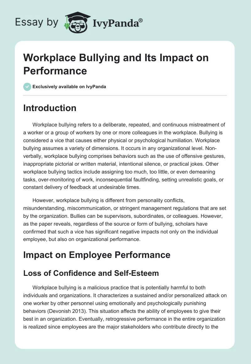 Workplace Bullying and Its Impact on Performance. Page 1