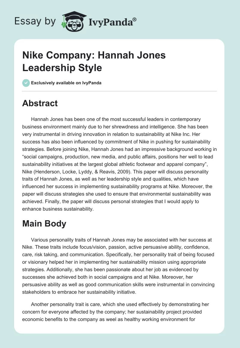 Nike Company: Hannah Jones Leadership Style. Page 1