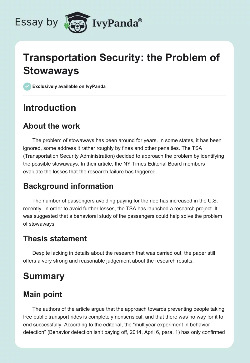 Transportation Security: the Problem of Stowaways. Page 1
