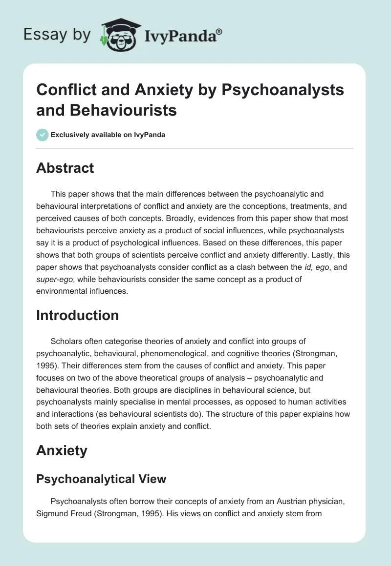 Conflict and Anxiety by Psychoanalysts and Behaviourists. Page 1