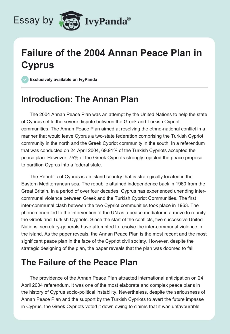 Failure of the 2004 Annan Peace Plan in Cyprus. Page 1