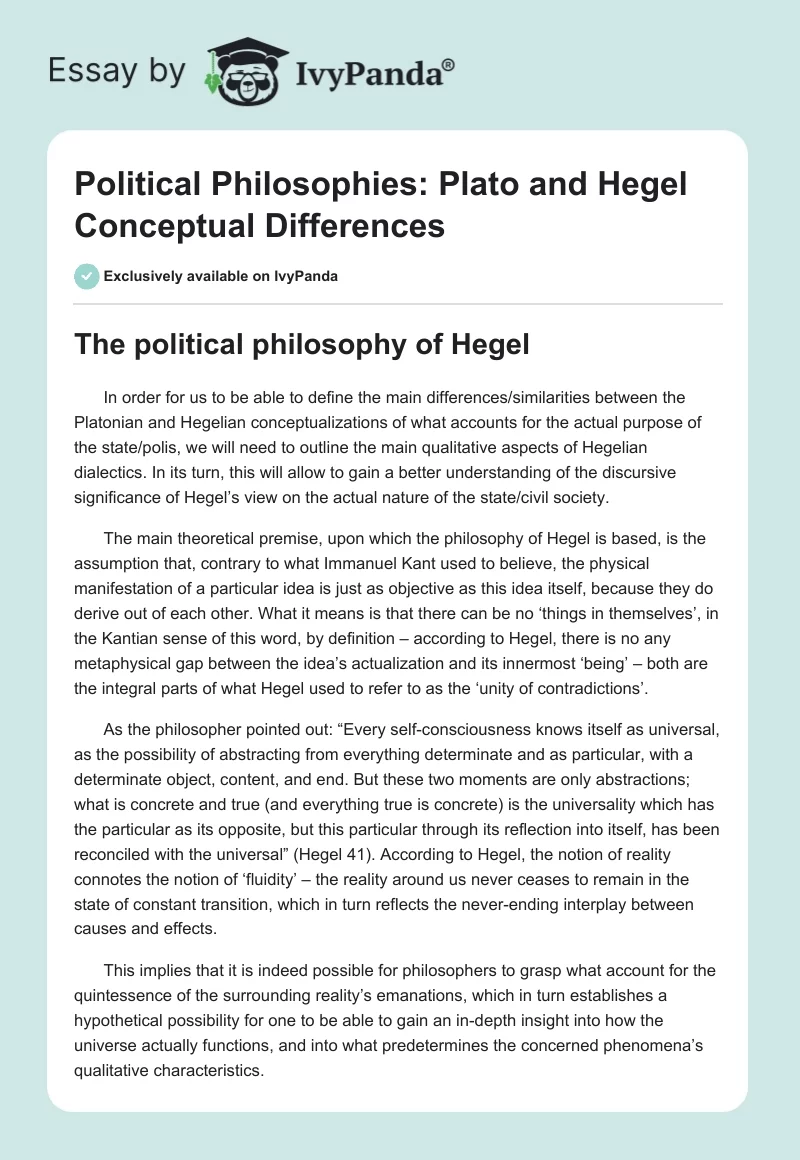 Political Philosophies: Plato and Hegel Conceptual Differences. Page 1