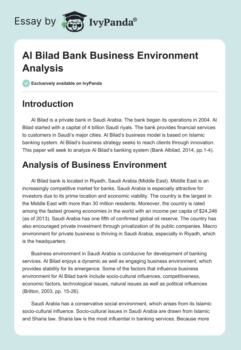 Al Bilad Bank Business Environment Analysis. Page 1
