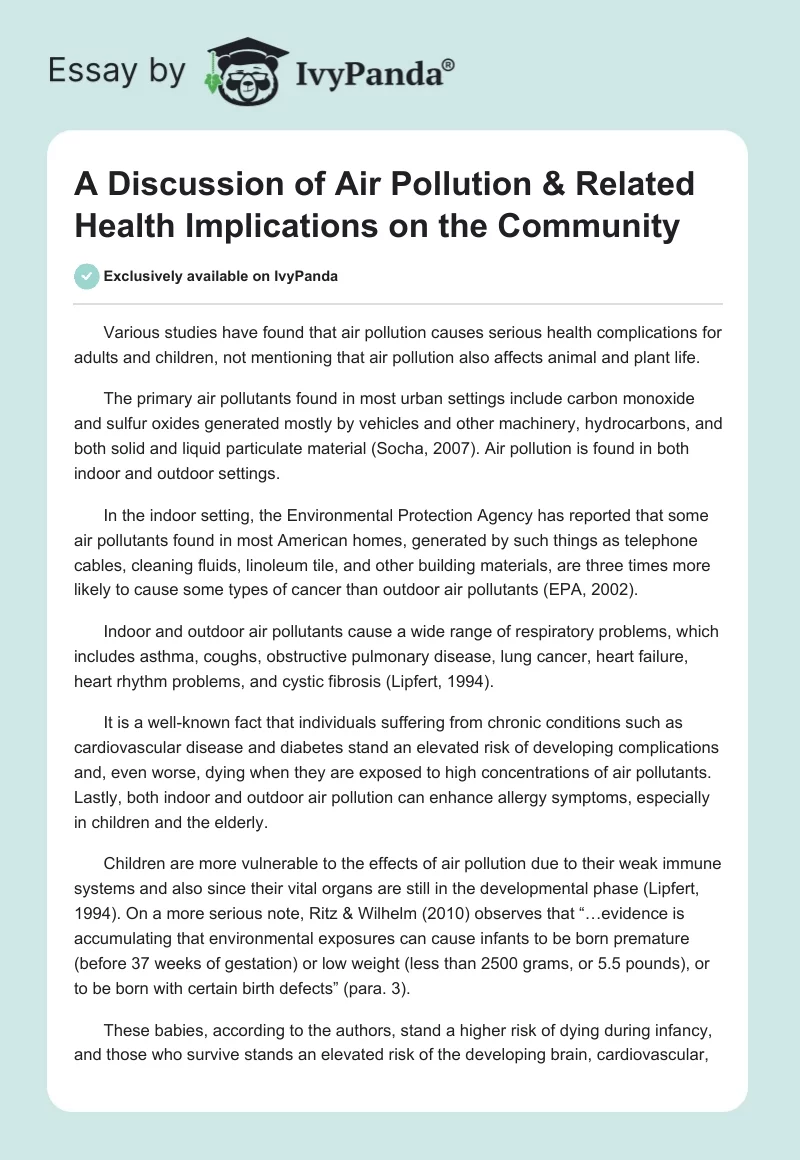 A Discussion of Air Pollution & Related Health Implications on the Community. Page 1