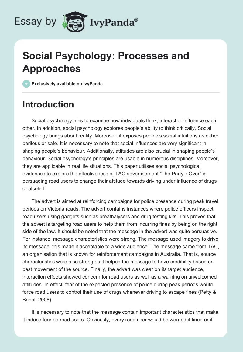 Social Psychology: Processes and Approaches. Page 1
