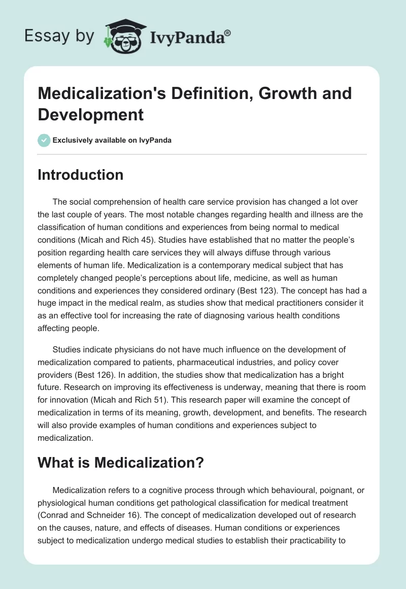 Medicalization's Definition, Growth and Development. Page 1