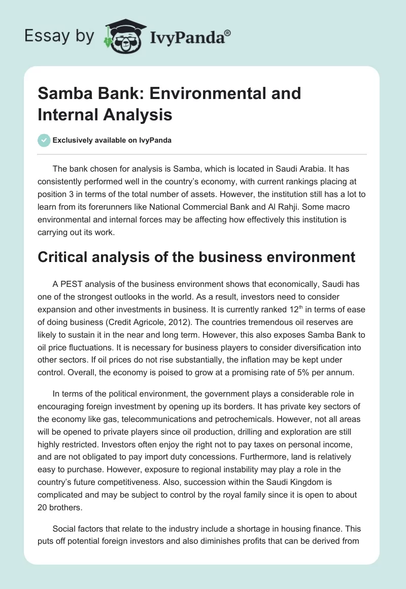 Samba Bank: Environmental and Internal Analysis. Page 1