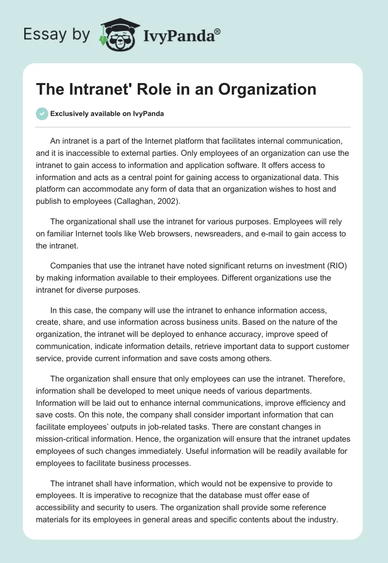 The Intranet' Role in an Organization. Page 1