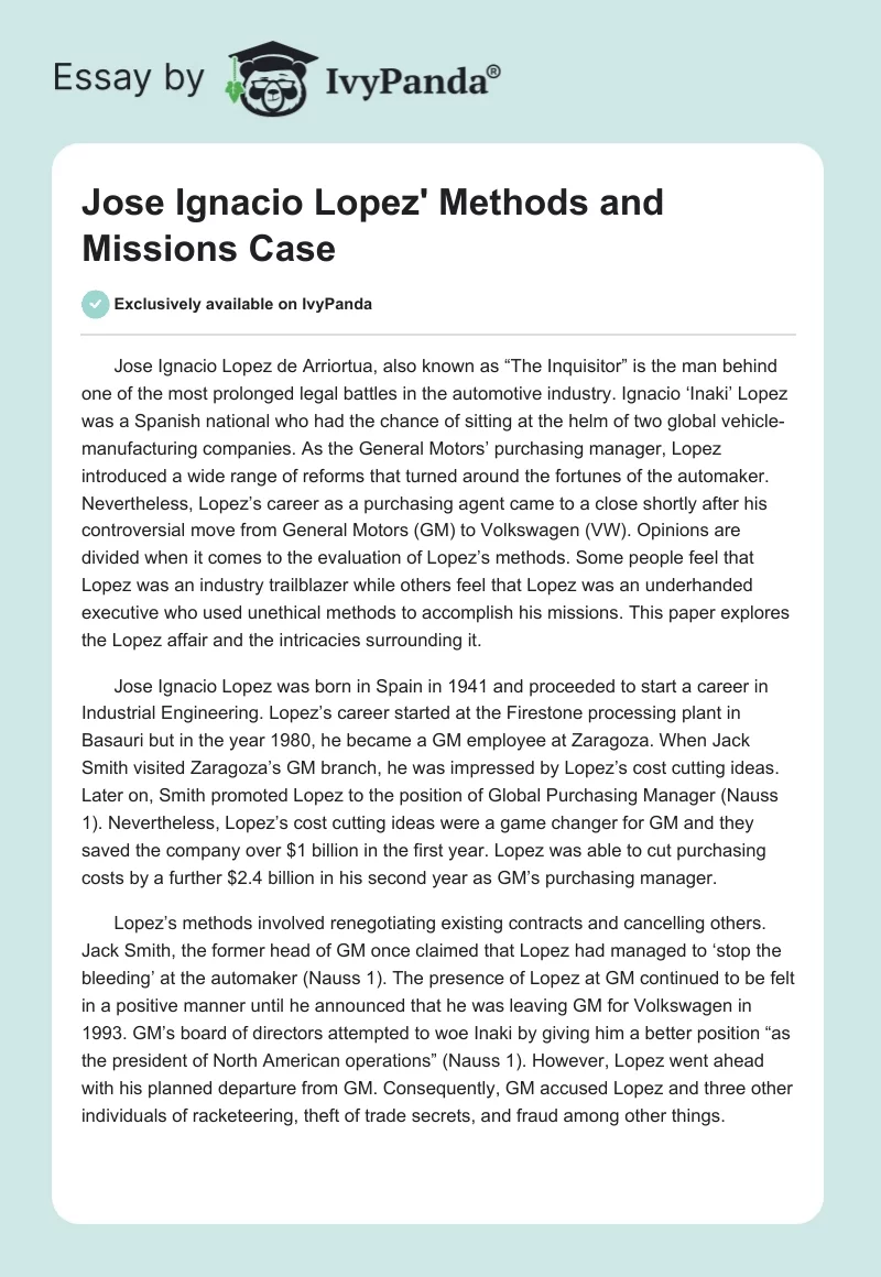 Jose Ignacio Lopez' Methods and Missions Case. Page 1