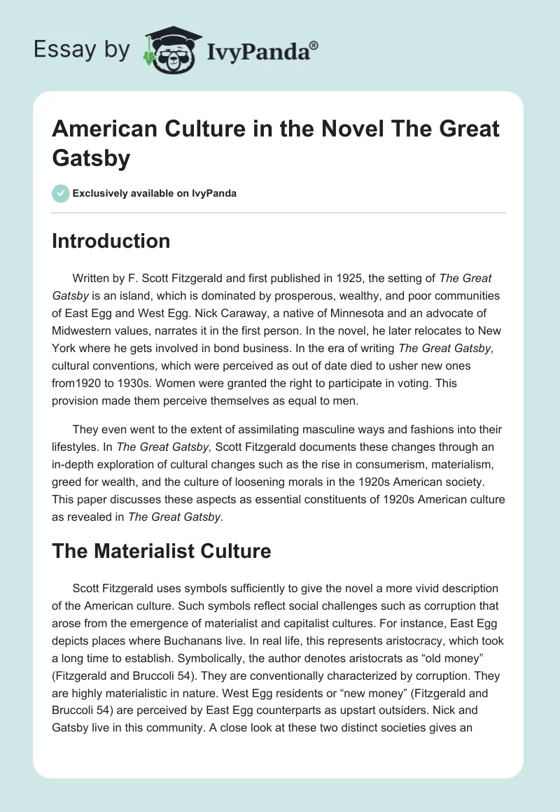 American Culture in the Novel "The Great Gatsby". Page 1