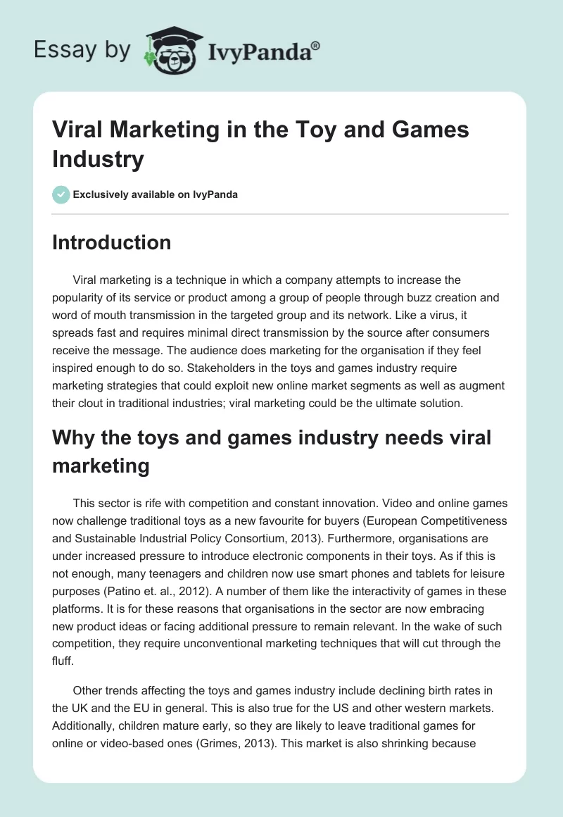 Viral Marketing in the Toy and Games Industry. Page 1
