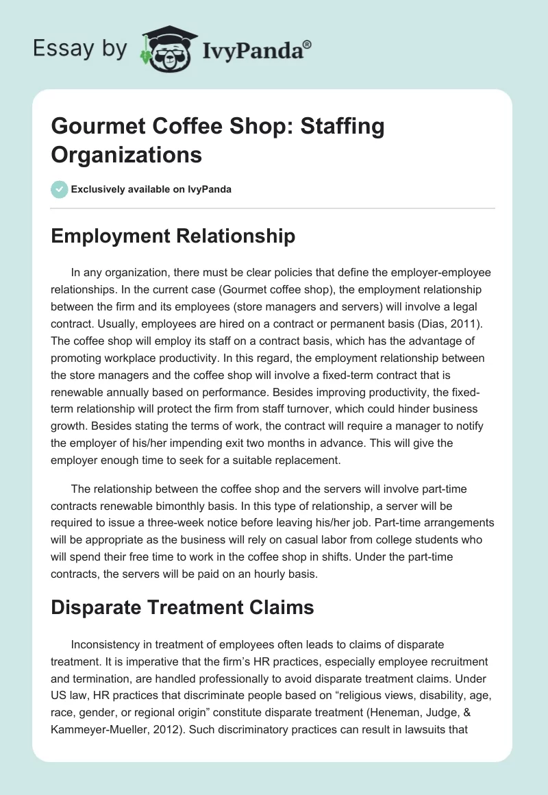 Gourmet Coffee Shop: Staffing Organizations. Page 1