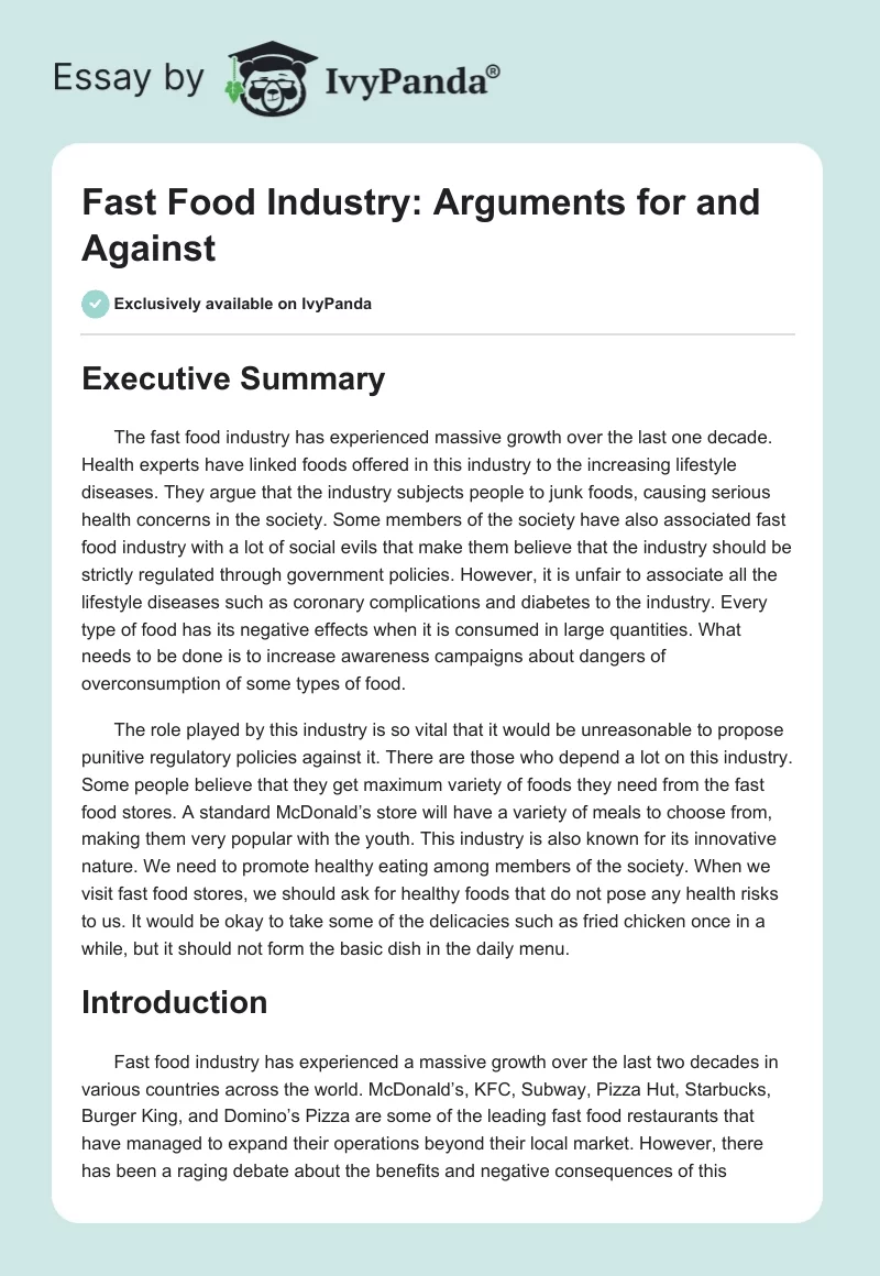 Fast Food Industry: Arguments for and Against. Page 1