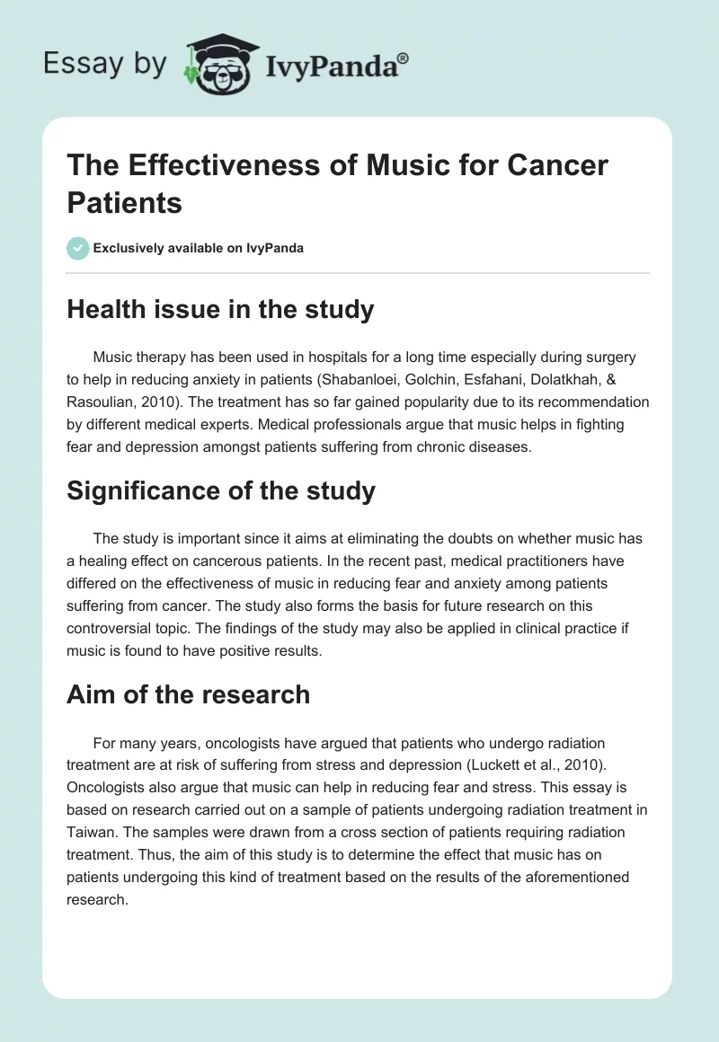 The Effectiveness of Music for Cancer Patients. Page 1