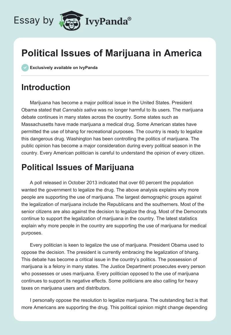 Political Issues of Marijuana in America. Page 1