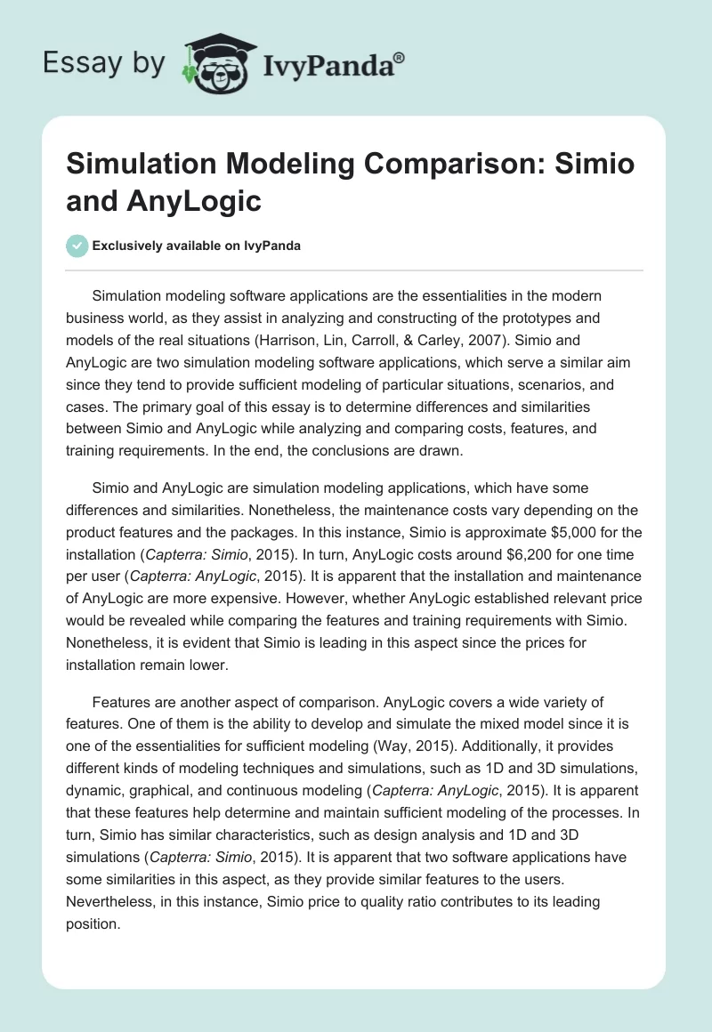 Simulation Modeling Comparison: Simio and AnyLogic. Page 1
