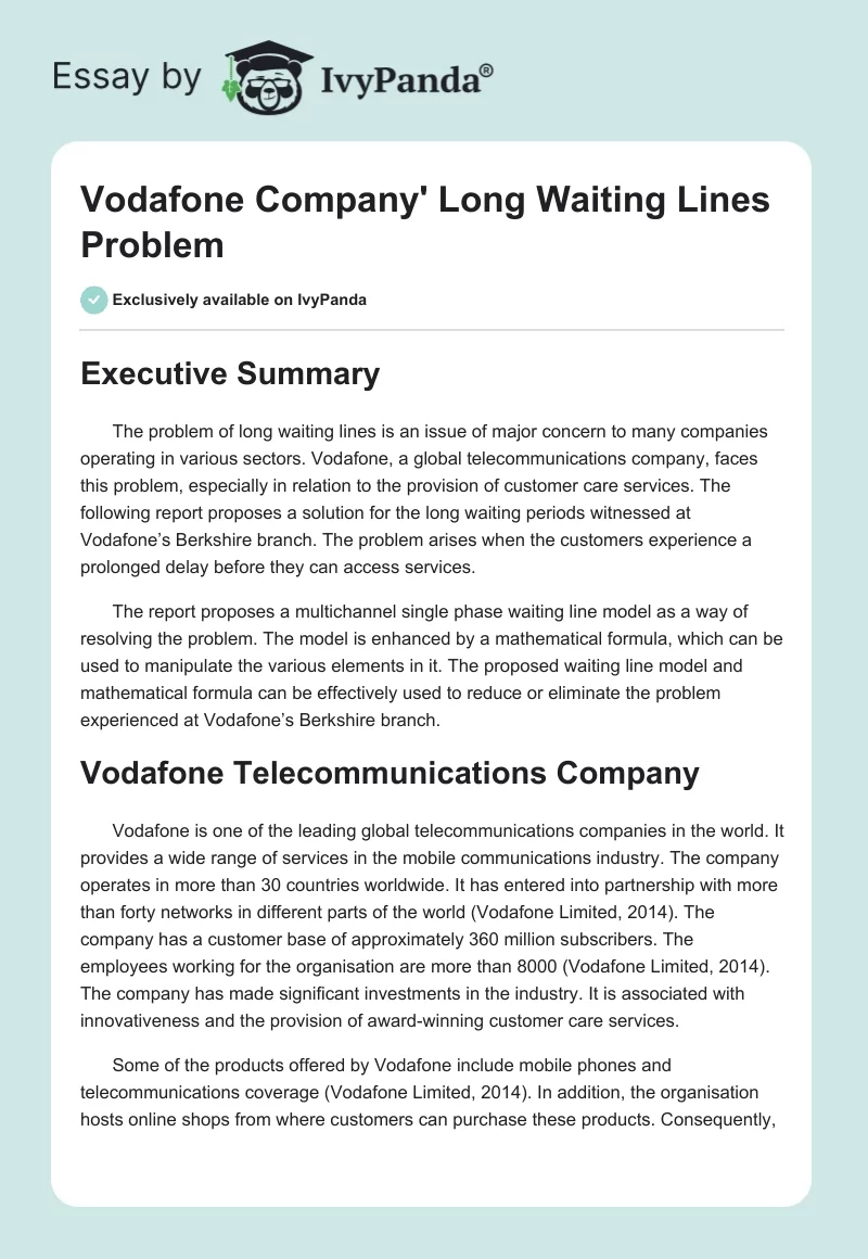 Vodafone Company' Long Waiting Lines Problem. Page 1