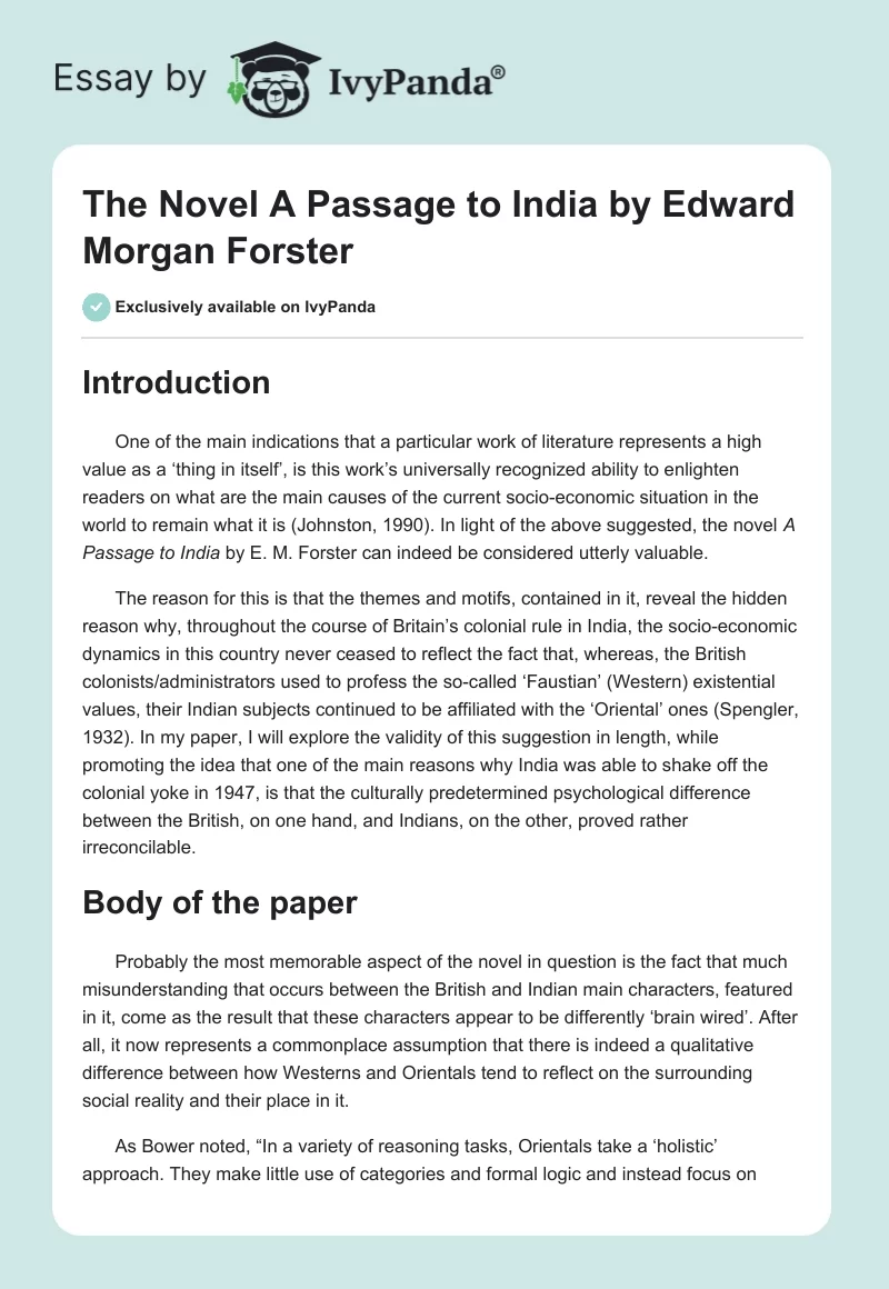 The Novel "A Passage to India" by Edward Morgan Forster. Page 1