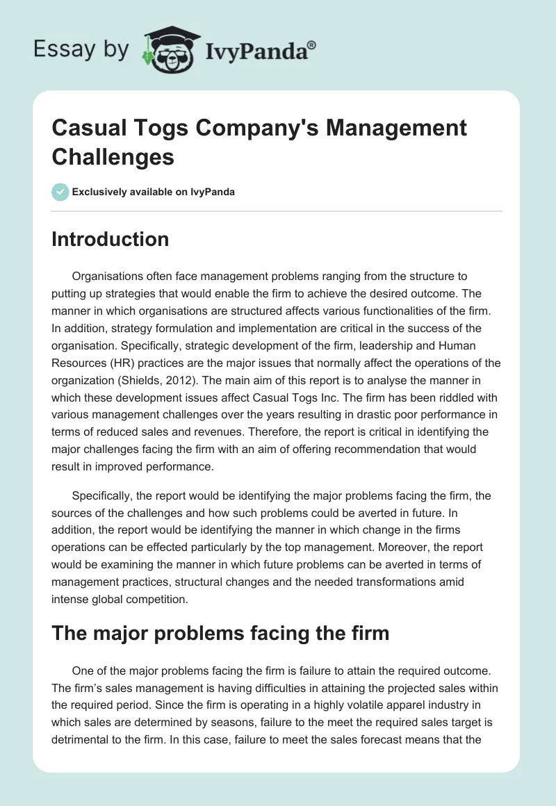 Casual Togs Company's Management Challenges. Page 1