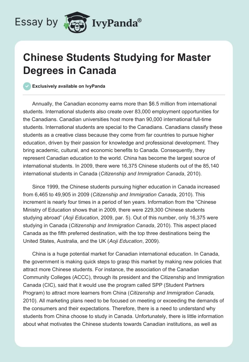 Chinese Students Studying for Master Degrees in Canada. Page 1