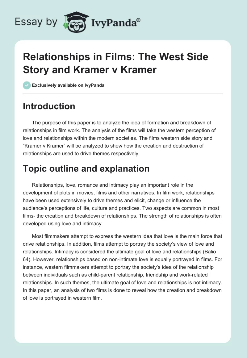Relationships in Films: The West Side Story and Kramer v Kramer. Page 1