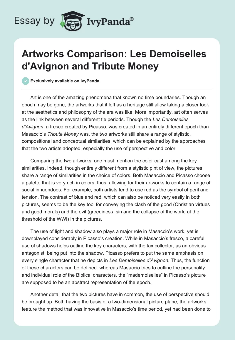 Artworks Comparison: Les Demoiselles d'Avignon and Tribute Money. Page 1