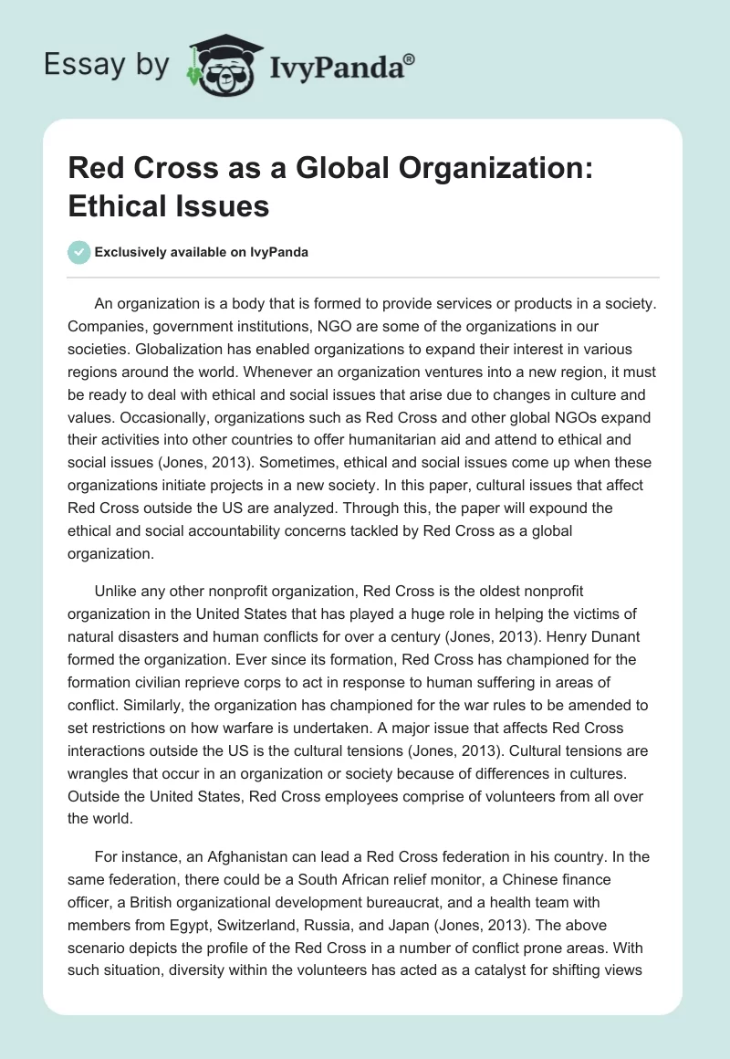 Red Cross as a Global Organization: Ethical Issues. Page 1