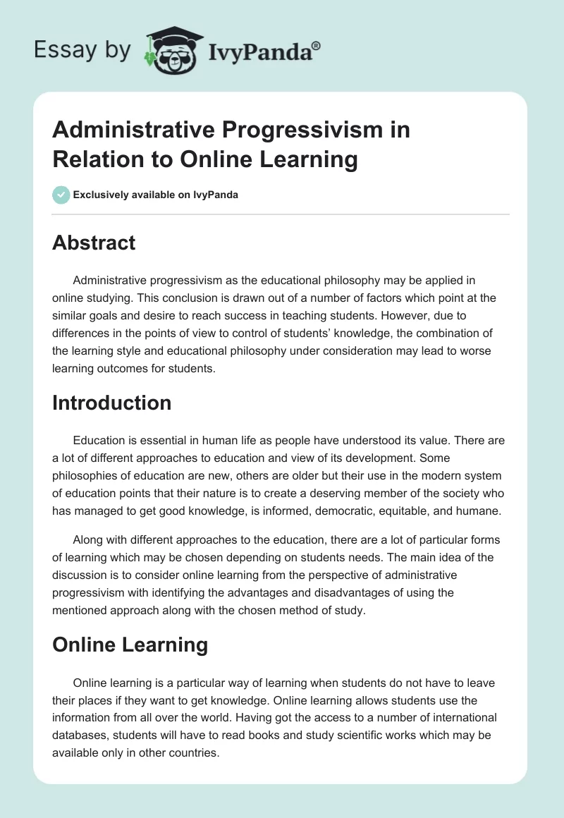 Administrative Progressivism in Relation to Online Learning. Page 1